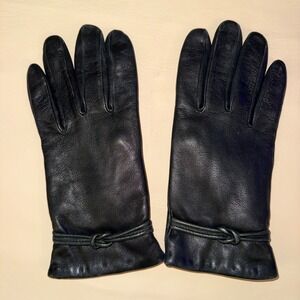 Black Leather Gloves Womens Size 7.5 Knot Detail Lined Warm Winter Fashion